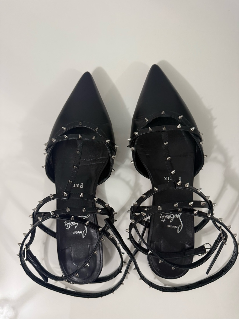 Christian Louboutin Black Pointed-Toe Studded Ankle-Strap Flats